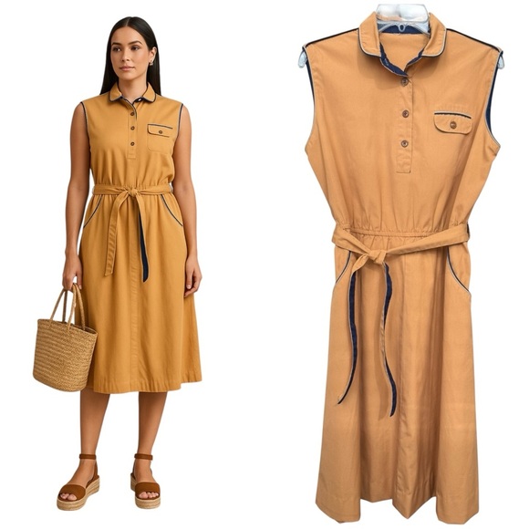 Vintage 70s Collared Midi Dress Size 12 14 Sleeveless Cotton Orange Tan Navy - Picture 1 of 8